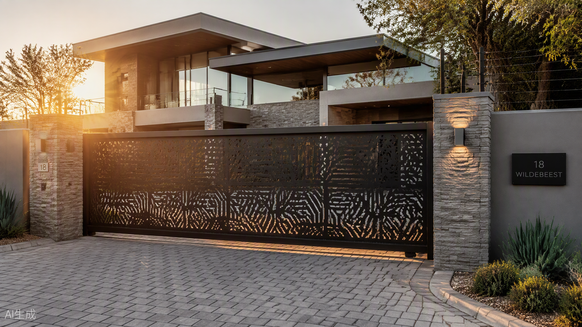 Custom laser-cut steel sliding gate installed by Tshipiworks in Botswana